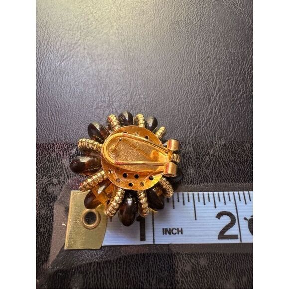 Vintage Womens Chunky Amber Floral Amber Gold Tone Clip On Earrings Retro Chic - Picture 4 of 4